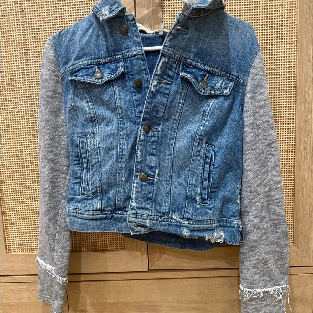 Free People Blue Denim Jacket with Gray Hoodie Sleeves - Picture 2 of 4